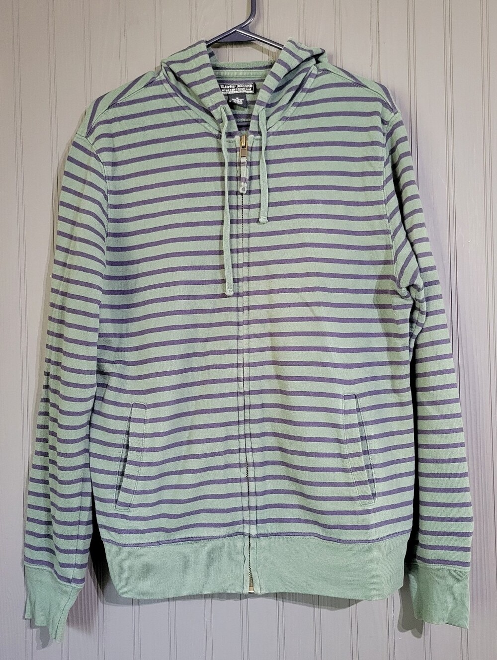 Lucky Brand Long Sleeve Full Zip Hooded Sweatshirt Striped Green Blue Men's MD